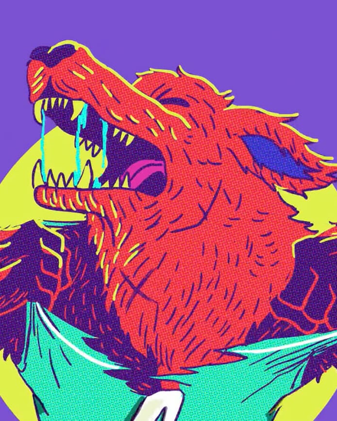 Graphic colorful wolf barking into air