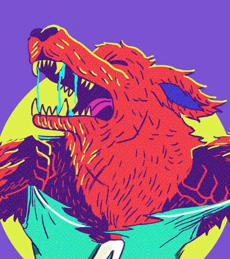 Graphic colorful wolf barking into air
