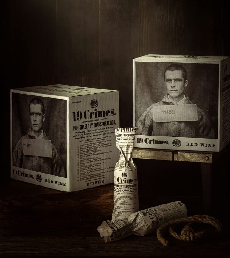 19 Crimes red wine with mug shots behind